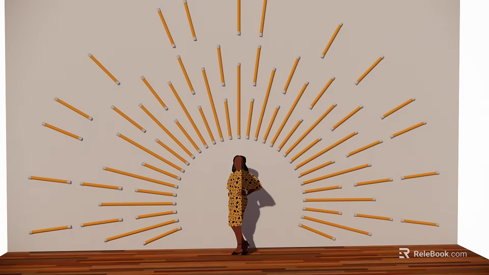 Yellow Long Strip Wall Hangings In Radial Arrangement On Wall With Wooden Floor 3d model 