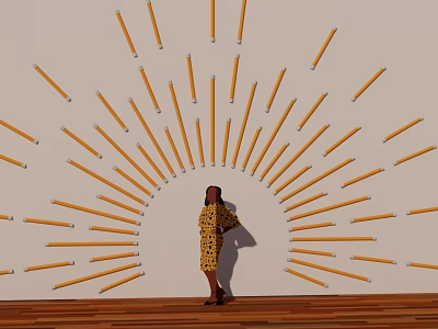 Yellow Long Strip Wall Hangings In Radial Arrangement On Wall With Wooden Floor 3d model