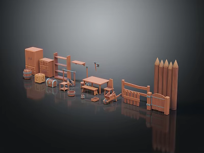 Wooden Table And Chair Set With Miniature Furniture Shelves Cabinets Barrels And Fence 3d model