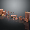 Wooden Table And Chair Set With Miniature Furniture Shelves Cabinets Barrels And Fence