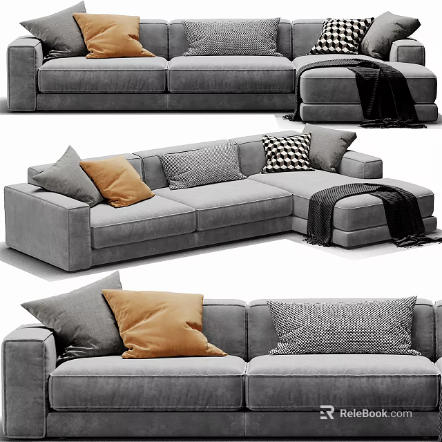 Gray Sectional Sofa With Colorful Cushions And Soft Throw Blanket 3d model
