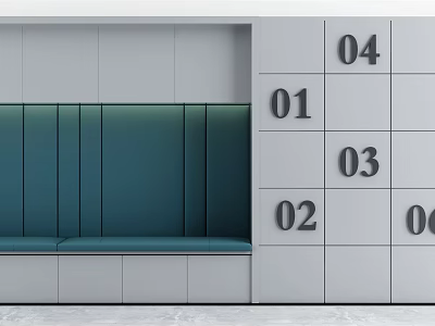 Modern Storage Lockers With Numbered Compartments And Green Bench Interior 3d model