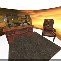 Vintage Wooden Desk And Brown Leather Armchair With Glass Doors Metal Accents And Button Tufting