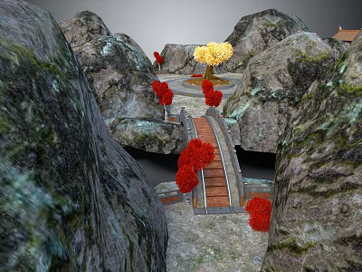Scenic Mountain Path With Wooden Bridge Red Yellow Flowers And Rocky Landscape 3d model