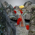 Scenic Mountain Path With Wooden Bridge Red Yellow Flowers And Rocky Landscape