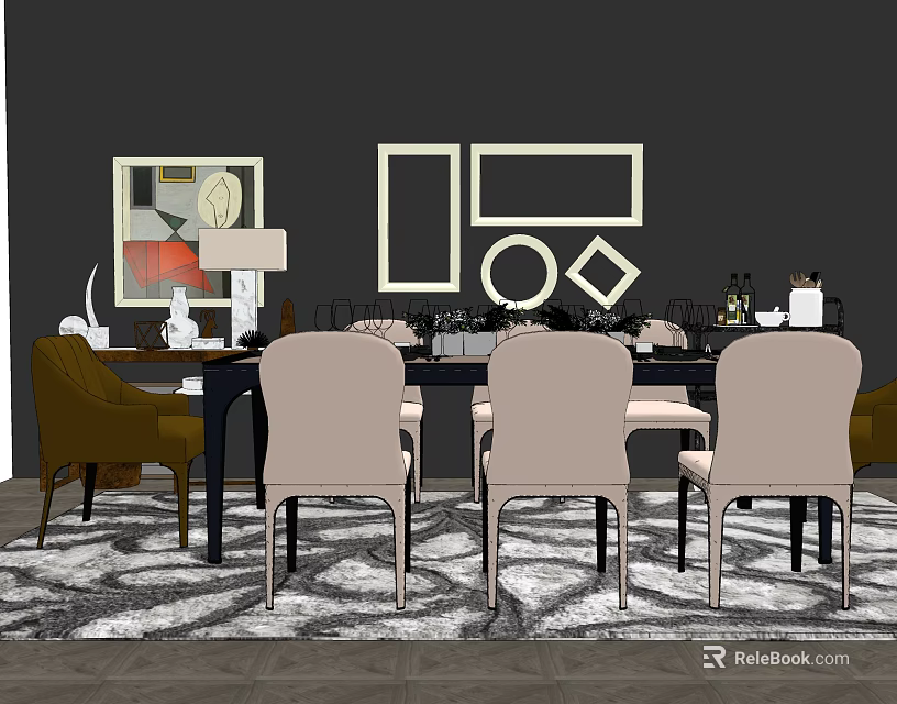 Modern Dining Table Set With Chairs Geometric Wall Art And Decorative Items On Dark Wall 3d model