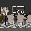 Modern Dining Table Set With Chairs Geometric Wall Art And Decorative Items On Dark Wall 3d model