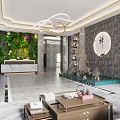 Elegant Sales Office Interior with Wooden Walls Large Windows Crystal Chandelier Central Greenery and Sofas