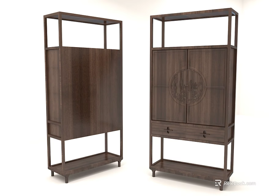 Dark Wooden Decorative Cabinets With Traditional Design And Carved Circular Patterns 3d model 