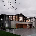 Traditional Modern Tourist Center Architecture With Plaza People And Flying Birds