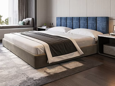 Modern Double Bed with Blue Upholstered Headboard White Bedding and Wooden Floor 3d model