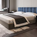 Modern Double Bed with Blue Upholstered Headboard White Bedding and Wooden Floor
