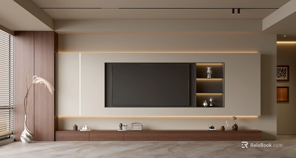 Modern Living Room TV Background Wall With Wooden Panels LED Strip Lighting And Floating Shelves 3d model 