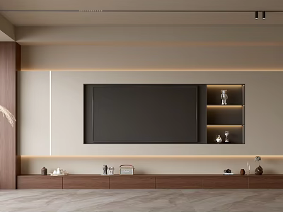 Modern Living Room TV Background Wall With Wooden Panels LED Strip Lighting And Floating Shelves 3d model