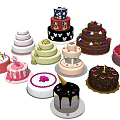 Various Decorated Cakes With Different Styles Layered Designs Flowers And Colorful Candles