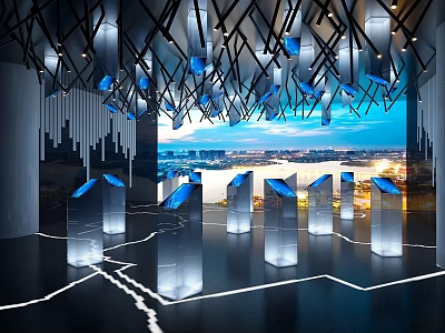 Modern Interior Space Featuring Transparent Lighted Pillars Ceiling Geometric Decor And City Night View 3d model