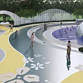 Modern Park Landscape Design With Curved Pathways Colorful Ground Water Pond And Green Trees