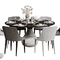 Elegant Round Dining Table Set Featuring Six Gray Chairs White Base And Dinnerware 3d model