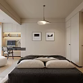 Modern Bedroom Interior With Neutral Tones Beige Walls Black Bed Artwork Pendant Light And Rug
