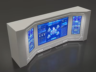 Modern White Control Console With Multiple Blue Screens And Digital Interfaces 3d model