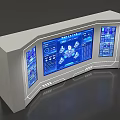 Modern White Control Console With Multiple Blue Screens And Digital Interfaces
