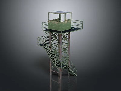 Scenic Watchtower View With Green Cabin And Metal Stairs Against Gray Background 3d model