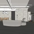 Modern Clothing Store Interior With Hanging Spherical Lights Gray Curved Sofa And Clothing Racks