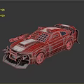 Futuristic Modified Red Car with Silver Mechanical Parts Cyberpunk Style Roof Structures and Combat Design