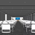 Modern Large Conference Room Interior With Long Tables Chairs Projection Screen And Windows