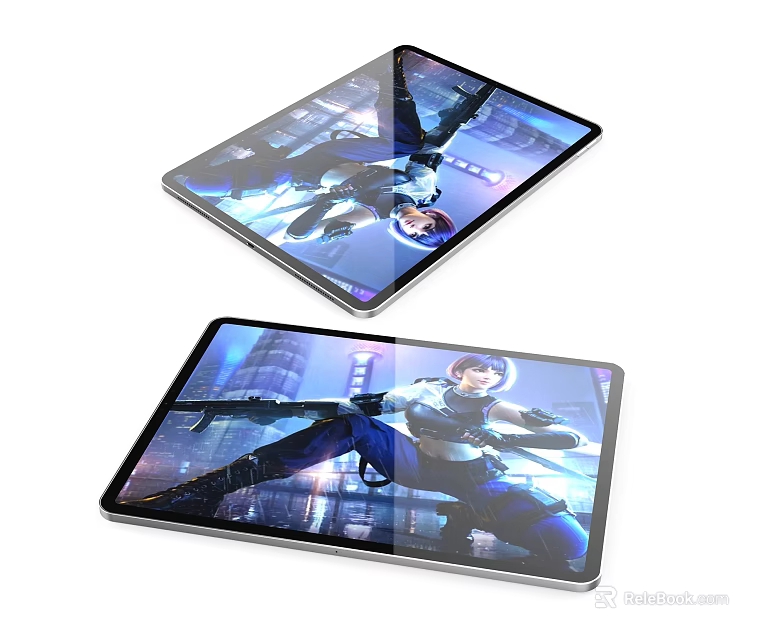 Two Modern Tablets With High Definition Screens Displaying Gaming Character Scenes 3d model