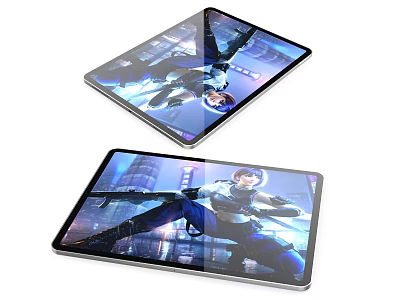Two Modern Tablets With High Definition Screens Displaying Gaming Character Scenes 3d model