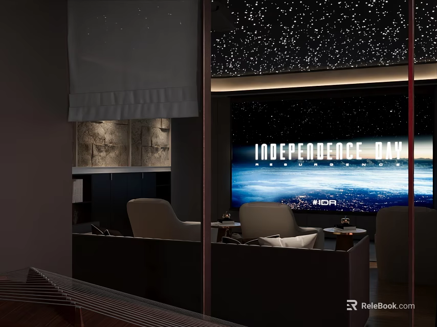 Entertainment Room With Starry Ceiling Large Movie Screen Showing Independence Day And Comfortable Furniture 3d model 