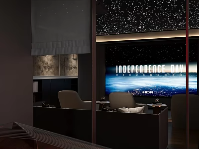 Entertainment Room With Starry Ceiling Large Movie Screen Showing Independence Day And Comfortable Furniture 3d model