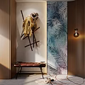 Modern Wooden Entryway Cabinet Side Cabinet With Bench Round Rug And Tropical Plant Wall