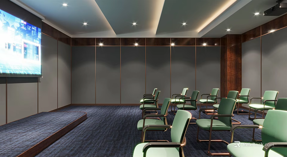 Modern Meeting Room Interior With Green Chairs Dark Blue Carpet And Gray Walls 3d model 