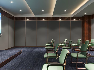 Modern Meeting Room Interior With Green Chairs Dark Blue Carpet And Gray Walls 3d model