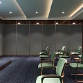 Modern Meeting Room Interior With Green Chairs Dark Blue Carpet And Gray Walls