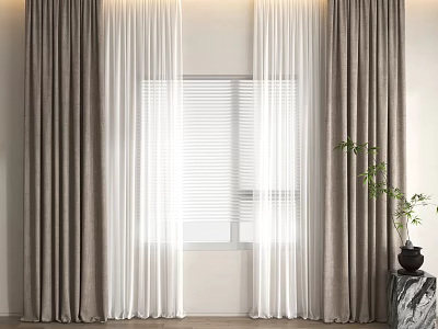 Modern Velvet Curtains With Sheer White Panels For Window Natural Light And Decorative Plant 3d model