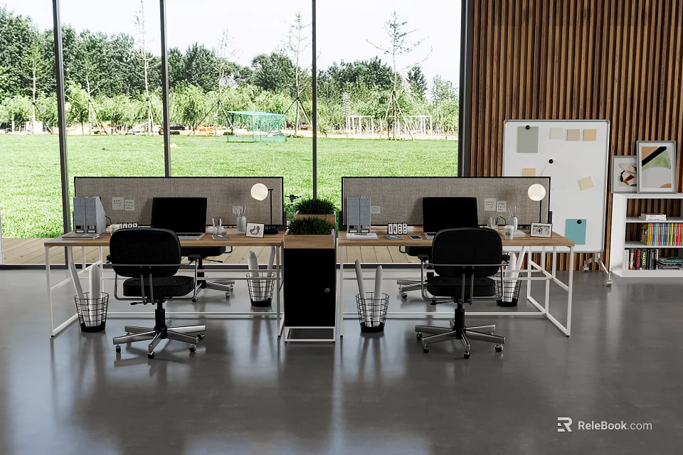 Bright Public Office Space With Modern Workstations Ergonomic Chairs Large Windows And Green Plants 3d model 