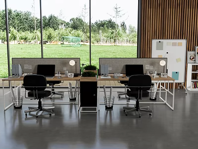Bright Public Office Space With Modern Workstations Ergonomic Chairs Large Windows And Green Plants 3d model