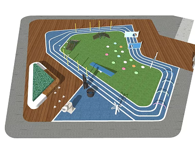 Outdoor Playground Design With Track Grass Area Colorful Markers And Wooden Flooring 3d model