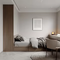 Modern Minimalist Bedroom With Glass Door Wardrobe Desk Chair And Gray Bedding