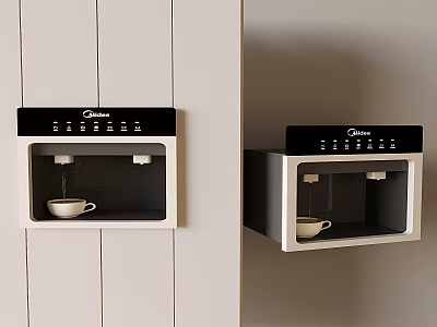 Kitchen Appliances Built-in Coffee Machines with Black Panels White Cabinets and White Cups Below 3d model