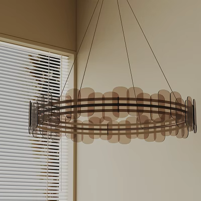 Modern Circular Chandelier with Brown Acrylic Flakes Hanging in Room Corner with Window Blinds 3d model