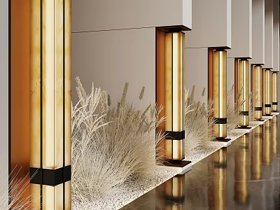 Golden Wall Lamps In Modern Building Corridor With Dry Grass And Reflective Floor 3d model