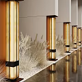 Golden Wall Lamps In Modern Building Corridor With Dry Grass And Reflective Floor
