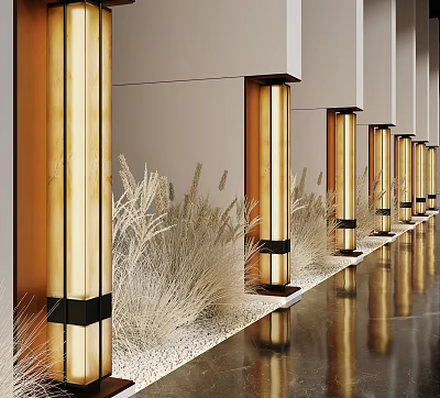 Golden Wall Lamps In Modern Building Corridor With Dry Grass And Reflective Floor 3d model