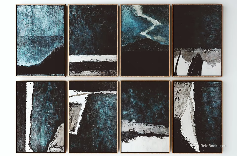 Multiple Abstract Blue Black White Framed Paintings Wall Art Decor Set 3d model