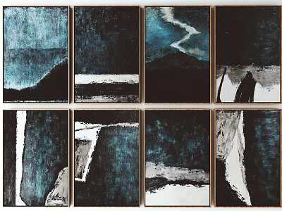 Multiple Abstract Blue Black White Framed Paintings Wall Art Decor Set 3d model