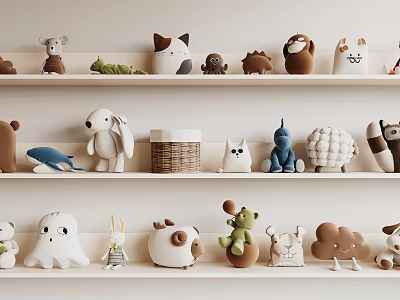 Cute Plush Toys Collection Arranged On Shelves With Diverse Styles 3d model